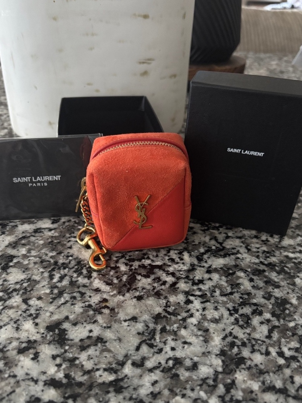 Yves Saint Laurent Orange Suede & Leather Mini Jamie Cube Pouch